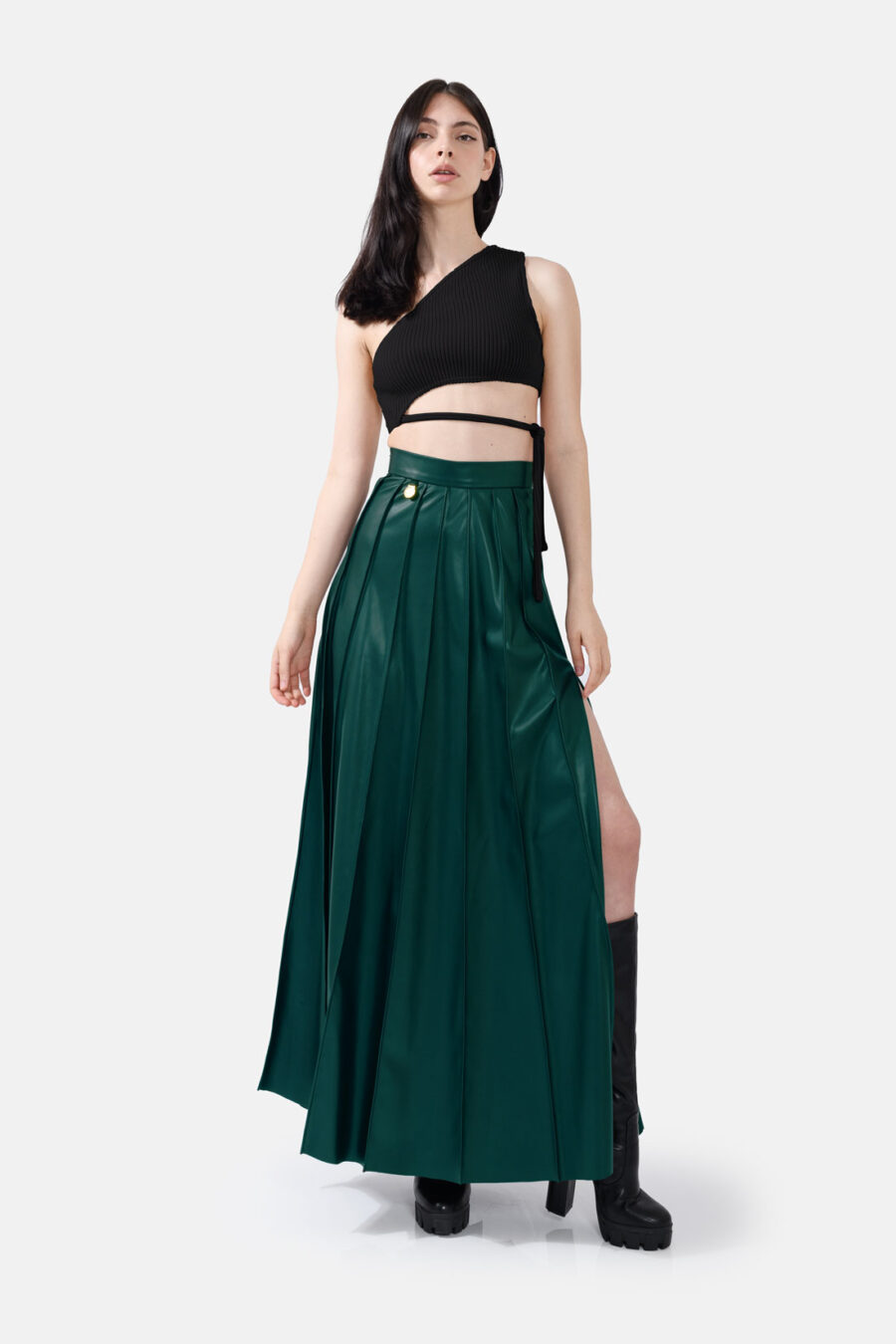 Green Pleated Vegan Leather Maxi Skirt Kargede Designer Skirt Front Avila Out - Solace – Pleated Green Vegan Leather Maxi Skirt