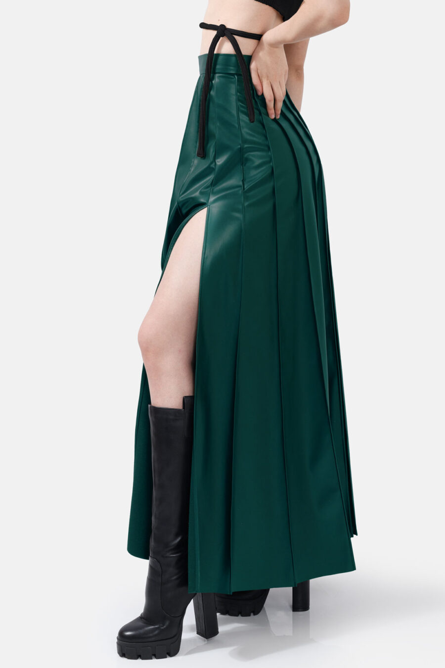 Green Pleated Vegan Leather Maxi Skirt Kargede Designer Skirt Side Avila - Solace – Pleated Green Vegan Leather Maxi Skirt