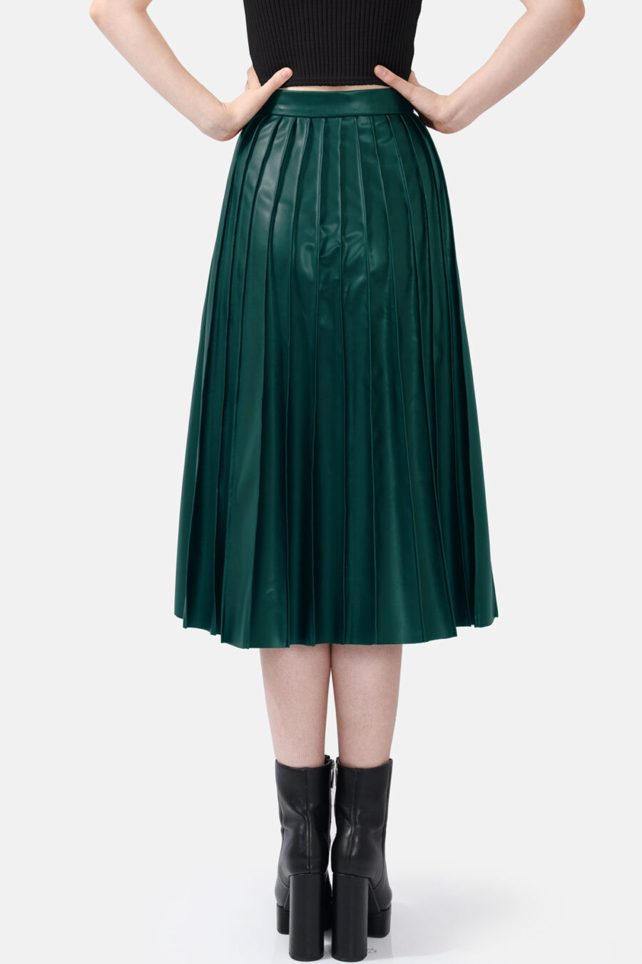 Green Pleated Vegan Leather Midi Skirt Kargede Designer Skirt Back Avila - Solace – Pleated Green Vegan Leather Midi Skirt