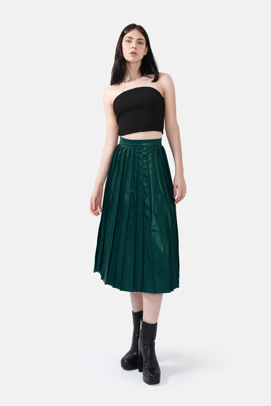 Green Pleated Vegan Leather Midi Skirt Kargede Designer Skirt Front Avila - Solace – Pleated Green Vegan Leather Midi Skirt