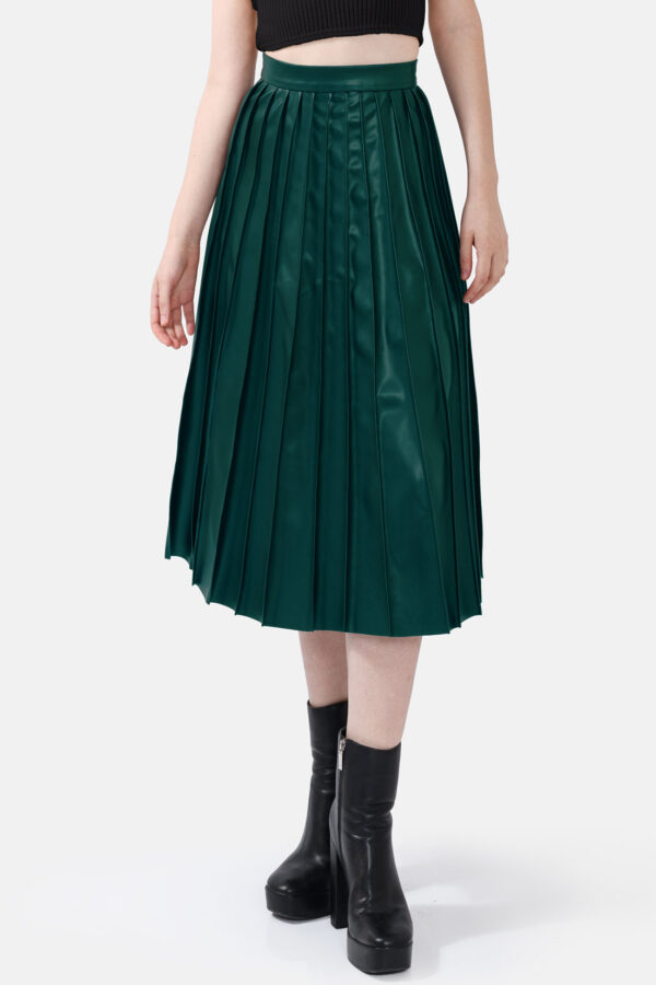 Green Pleated Vegan Leather Midi Skirt Kargede Designer Skirt Front Avila Close - Solace – Pleated Green Vegan Leather Midi Skirt