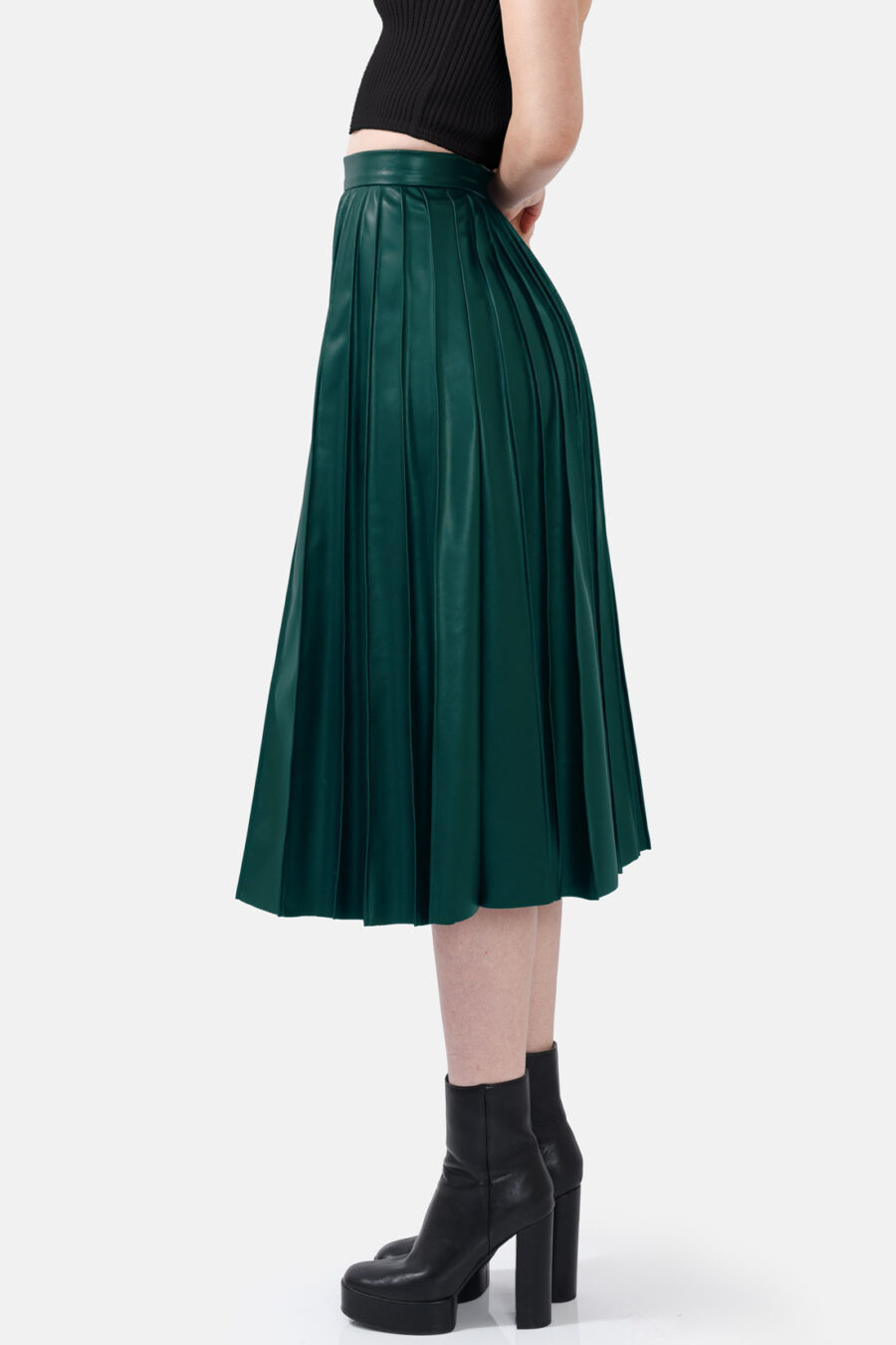 Green Pleated Vegan Leather Midi Skirt Kargede Designer Skirt Side Avila - Solace – Pleated Green Vegan Leather Midi Skirt