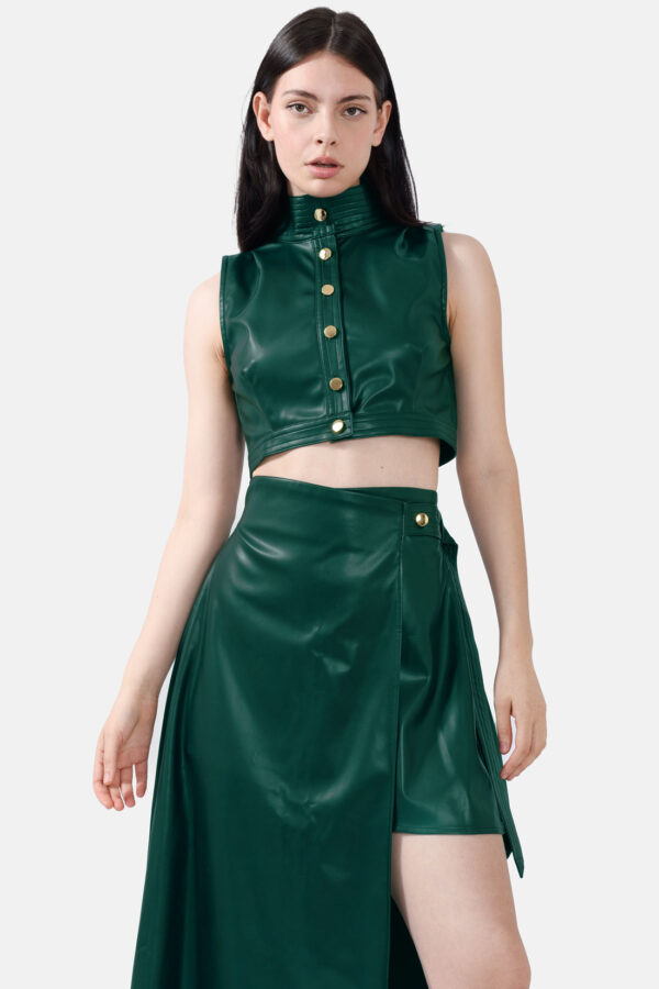 Green Vegan Leather Cropped Vest Kargede Designer Vest Avila Front Close - Whisper – Green High Neck Vest Top, Vegan Leather