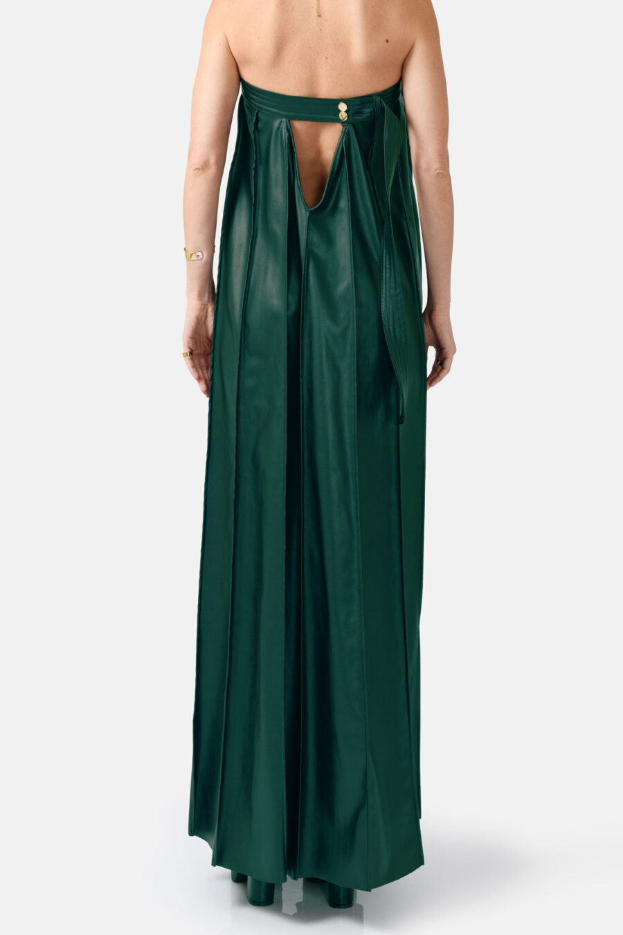 Green Vegan Leather Pleated Maxi Dress Kargede Designer Dress Back - Desire – Green Strapless Pleated Maxi Dress, Vegan Leather