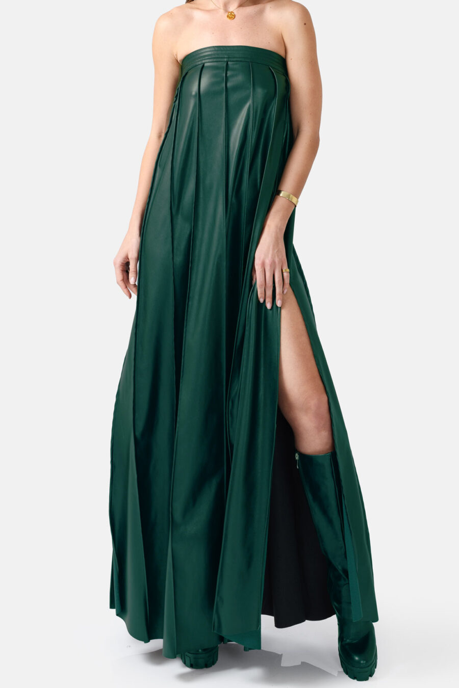 Green Vegan Leather Pleated Maxi Dress Kargede Designer Dress Front - Desire – Green Strapless Pleated Maxi Dress, Vegan Leather