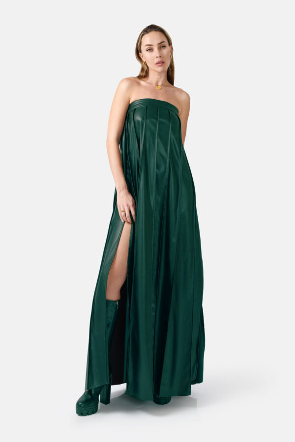 Green Vegan Leather Pleated Maxi Dress Kargede Designer Dress Front - Desire – Green Strapless Pleated Maxi Dress, Vegan Leather