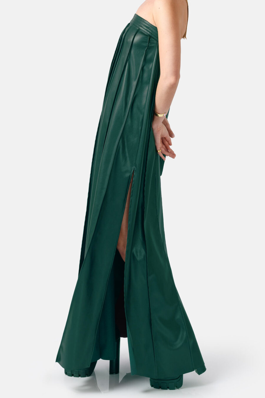 Green Vegan Leather Pleated Maxi Dress Kargede Designer Dress Side - Desire – Green Strapless Pleated Maxi Dress, Vegan Leather