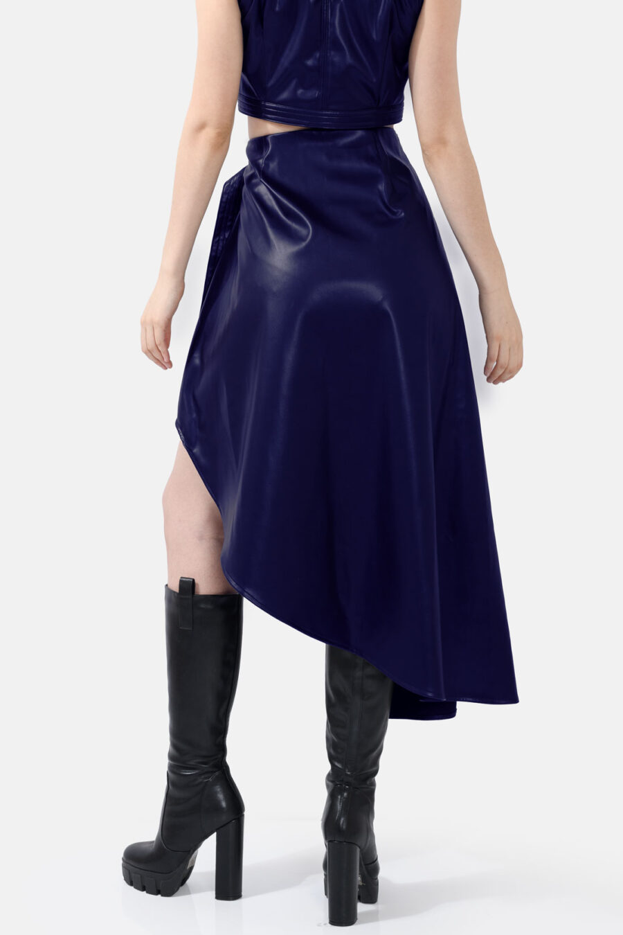 Navy Blue Asymmetrical Wrap Skirt Kargede Designer Skirt Back - Fatale – Navy Blue Asymmetrical Wrap Skirt, Vegan Leather