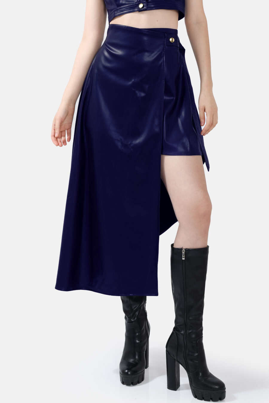 Navy Blue Asymmetrical Wrap Skirt Kargede Designer Skirt Front Close - Fatale – Navy Blue Asymmetrical Wrap Skirt, Vegan Leather