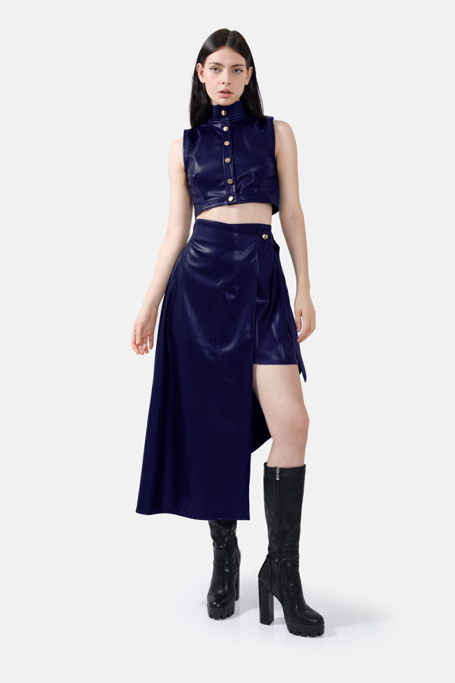 Navy Blue Asymmetrical Wrap Skirt Kargede Designer Skirt Front Out - Fatale – Navy Blue Asymmetrical Wrap Skirt, Vegan Leather