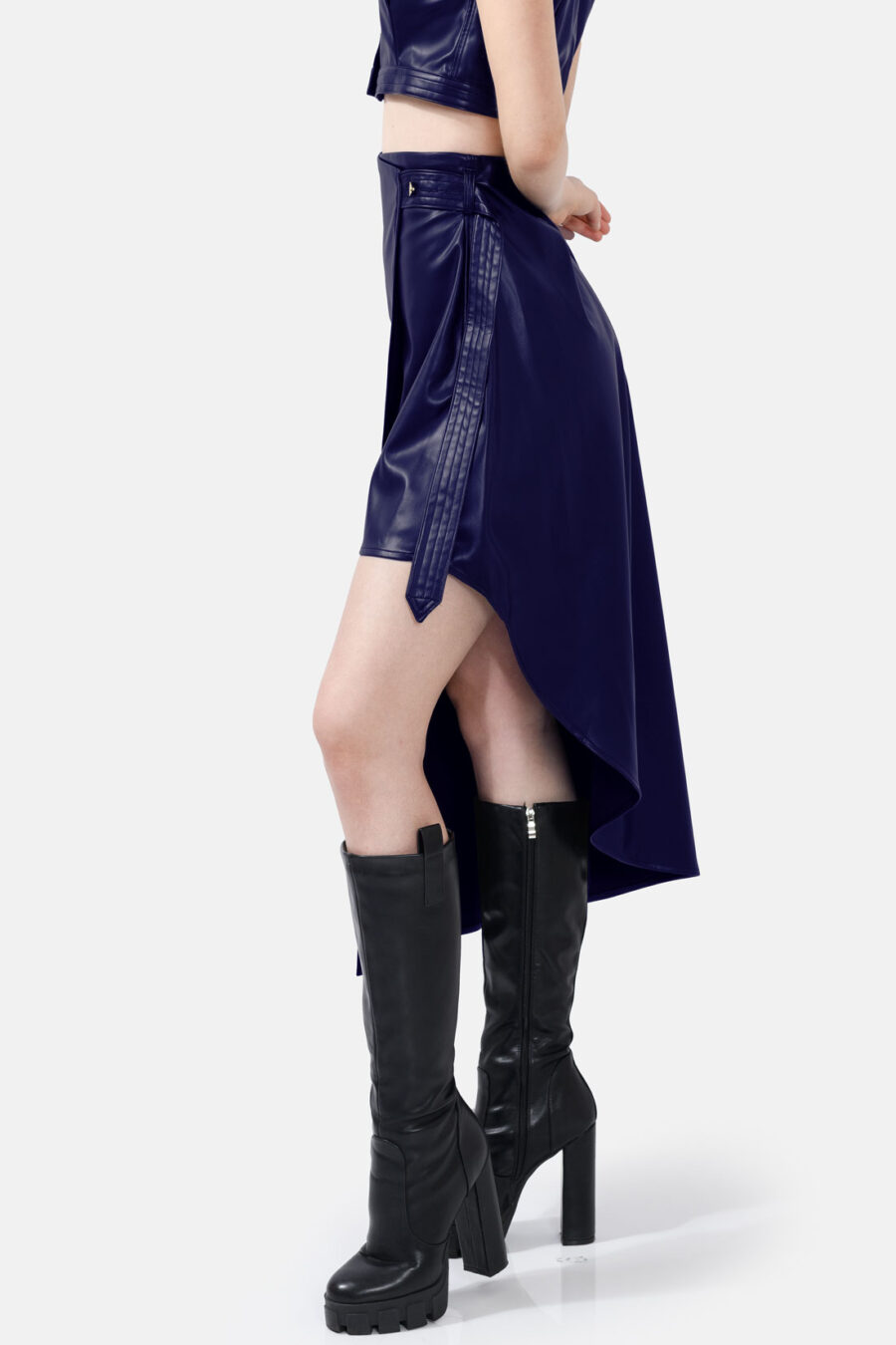 Navy Blue Asymmetrical Wrap Skirt Kargede Designer Skirt Side - Fatale – Navy Blue Asymmetrical Wrap Skirt, Vegan Leather