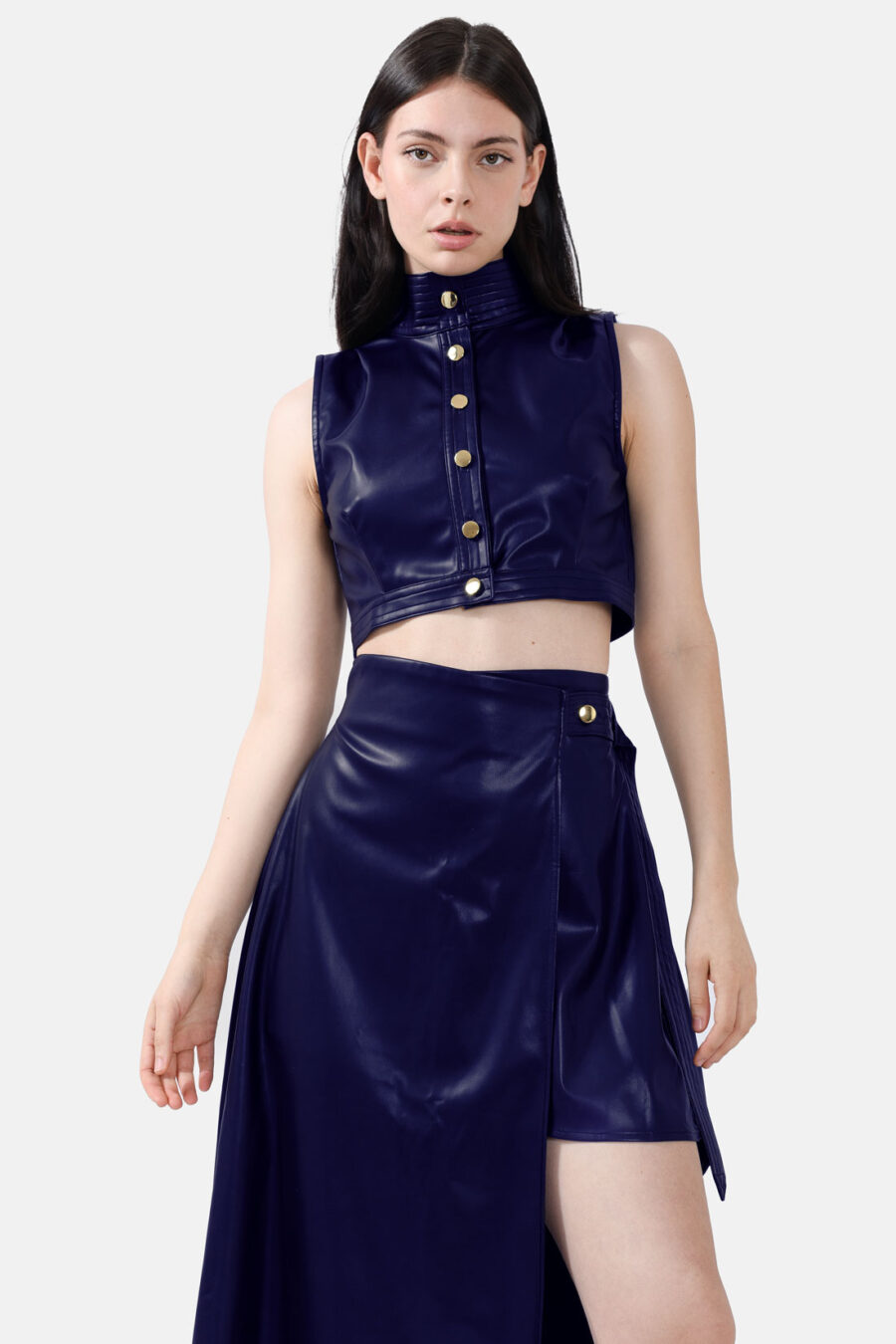 Navy Blue Leather Cropped Vest Kargede Designer Vest Avila Front Close - Whisper – Navy Blue High Neck Vest Top, Vegan Leather