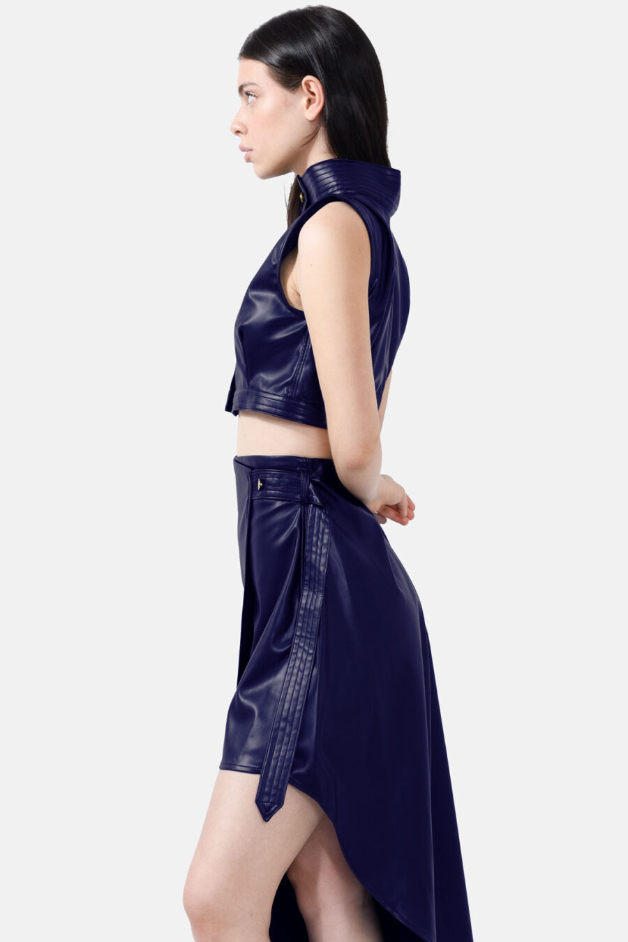 Navy Blue Leather Cropped Vest Kargede Designer Vest Side Avila - Whisper – Navy Blue High Neck Vest Top, Vegan Leather