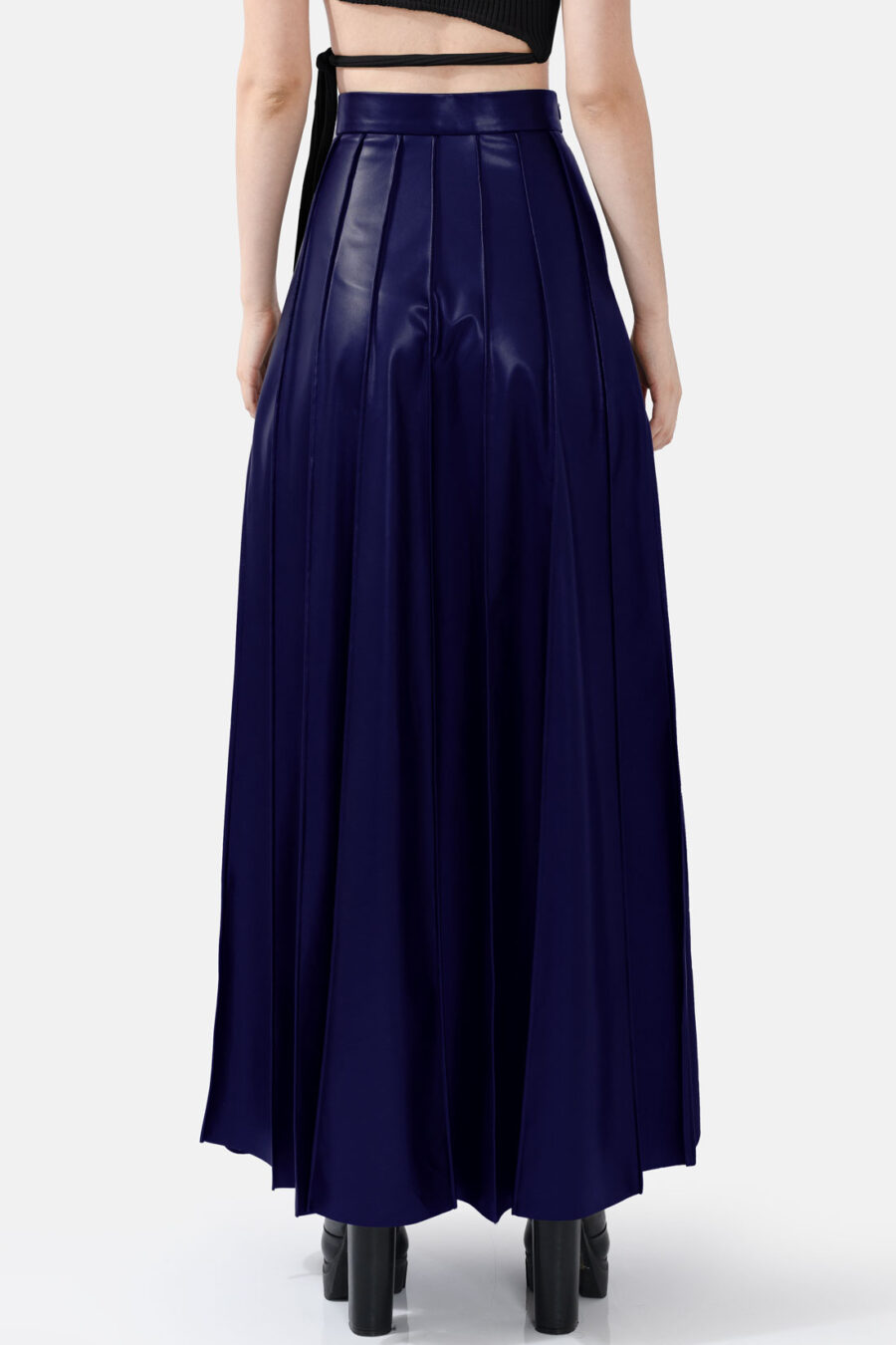 Navy Blue Pleated Vegan Leather Maxi Skirt Kargede Designer Skirt Back Avila - Solace – Pleated Navy Blue Vegan Leather Maxi Skirt