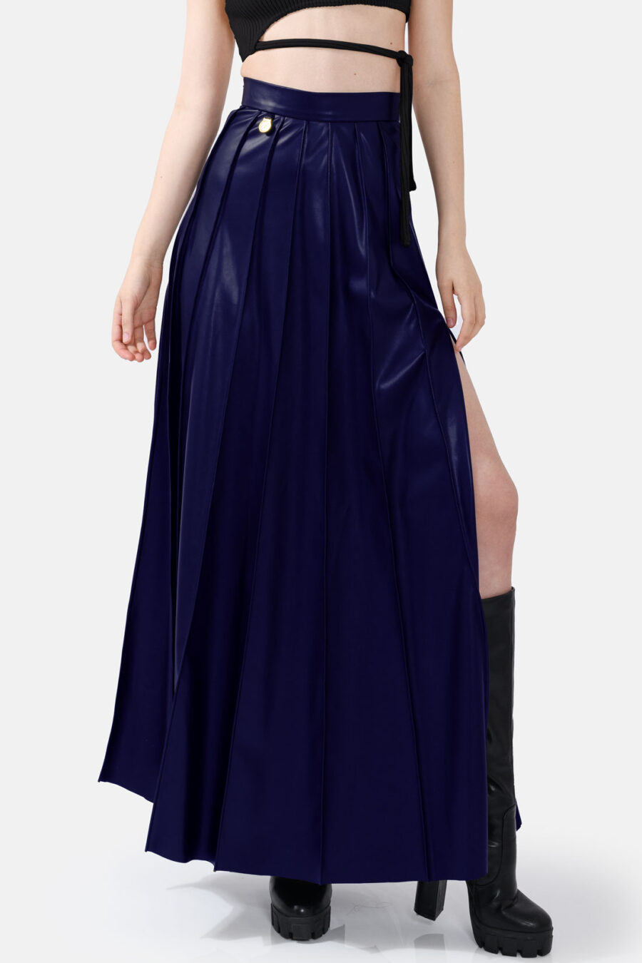 Navy Blue Pleated Vegan Leather Maxi Skirt Kargede Designer Skirt Front Avila Close - Solace – Pleated Navy Blue Vegan Leather Maxi Skirt