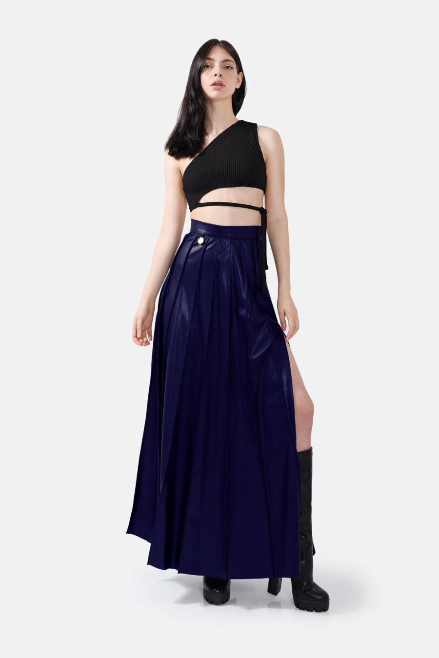 Navy Blue Pleated Vegan Leather Maxi Skirt Kargede Designer Skirt Front Avila - Solace – Pleated Navy Blue Vegan Leather Maxi Skirt