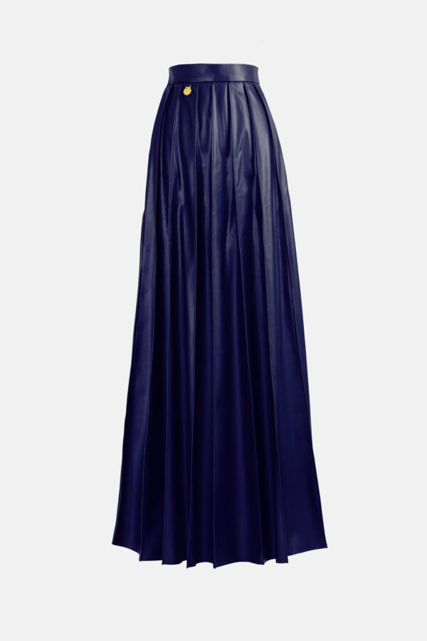 Navy Blue Pleated Vegan Leather Maxi Skirt Kargede Designer Skirt GM - Solace – Pleated Navy Blue Vegan Leather Maxi Skirt