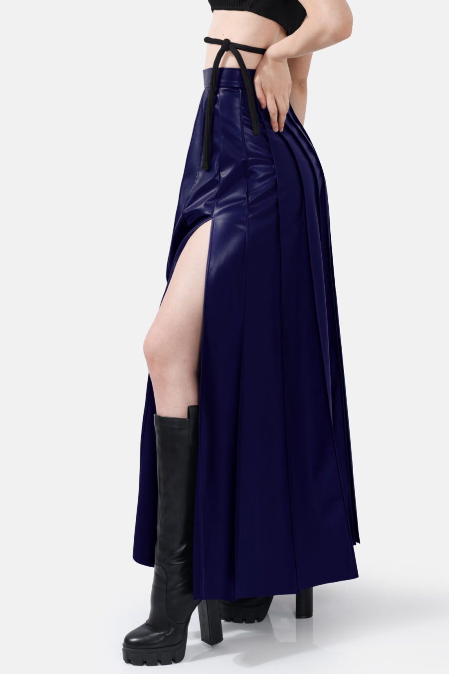 Navy Blue Pleated Vegan Leather Maxi Skirt Kargede Designer Skirt Side Avila - Solace – Pleated Navy Blue Vegan Leather Maxi Skirt