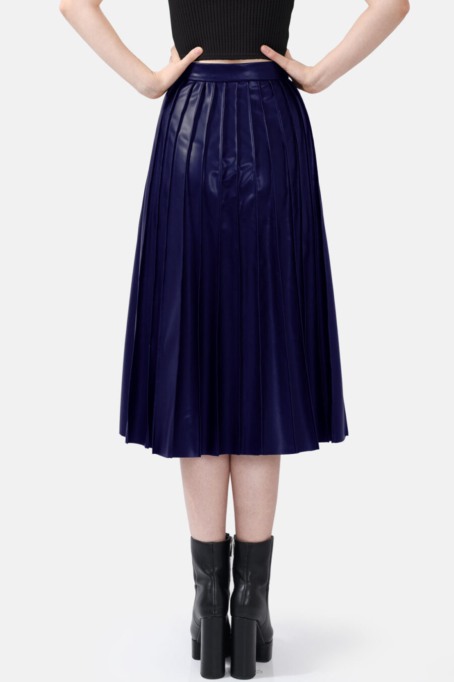 Navy Blue Pleated Vegan Leather Midi Skirt Kargede Designer Skirt Back Avila - Solace – Pleated Navy Blue Vegan Leather Midi Skirt