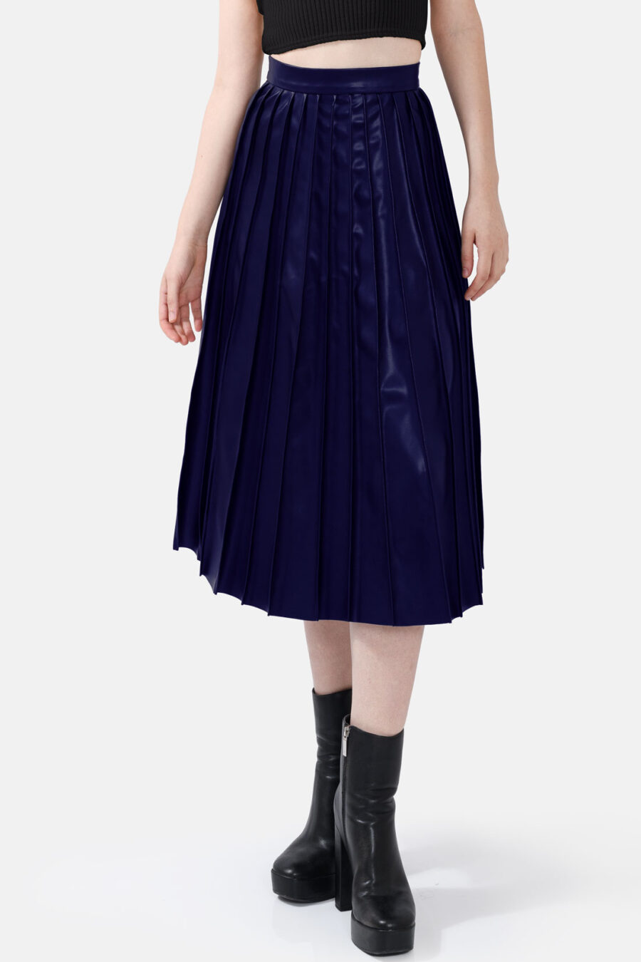 Navy Blue Pleated Vegan Leather Midi Skirt Kargede Designer Skirt Front Avila Close - Solace – Pleated Navy Blue Vegan Leather Midi Skirt