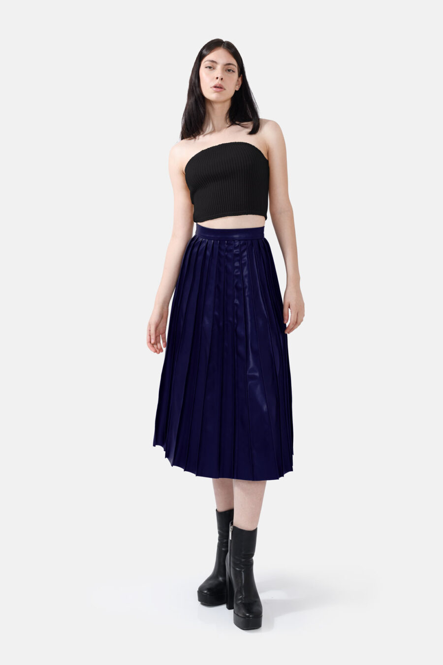 Navy Blue Pleated Vegan Leather Midi Skirt Kargede Designer Skirt Front Avila - Solace – Pleated Navy Blue Vegan Leather Midi Skirt