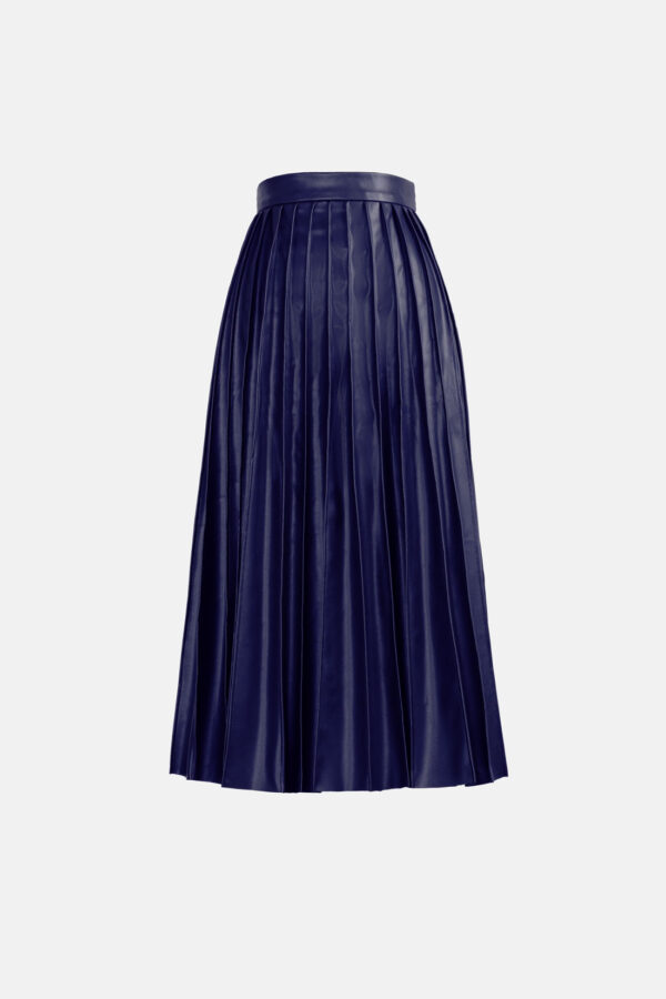 Navy Blue Pleated Vegan Leather Midi Skirt Kargede Designer Skirt GM - Solace – Pleated Navy Blue Vegan Leather Midi Skirt