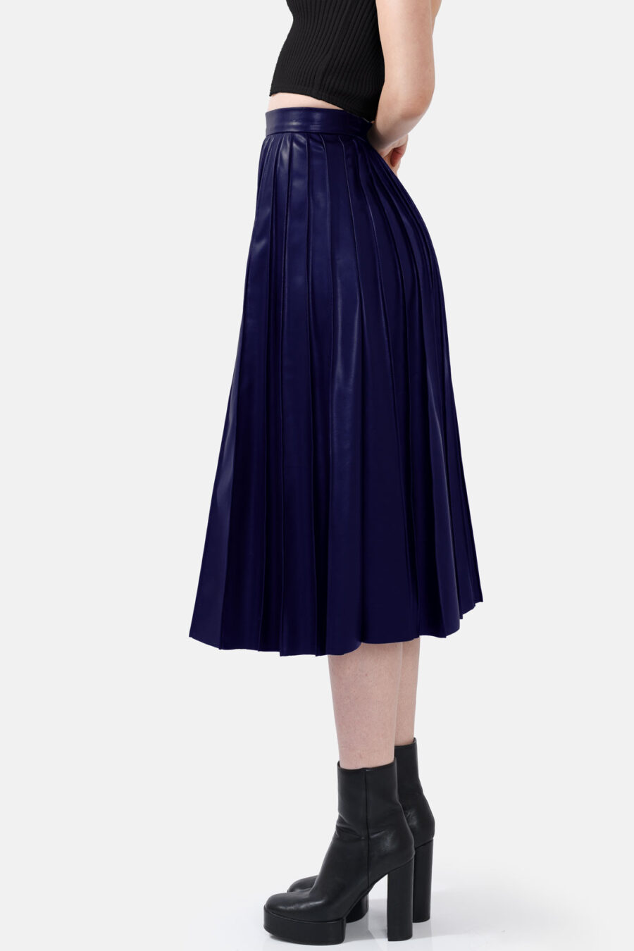 Navy Blue Pleated Vegan Leather Midi Skirt Kargede Designer Skirt Side Avila - Solace – Pleated Navy Blue Vegan Leather Midi Skirt