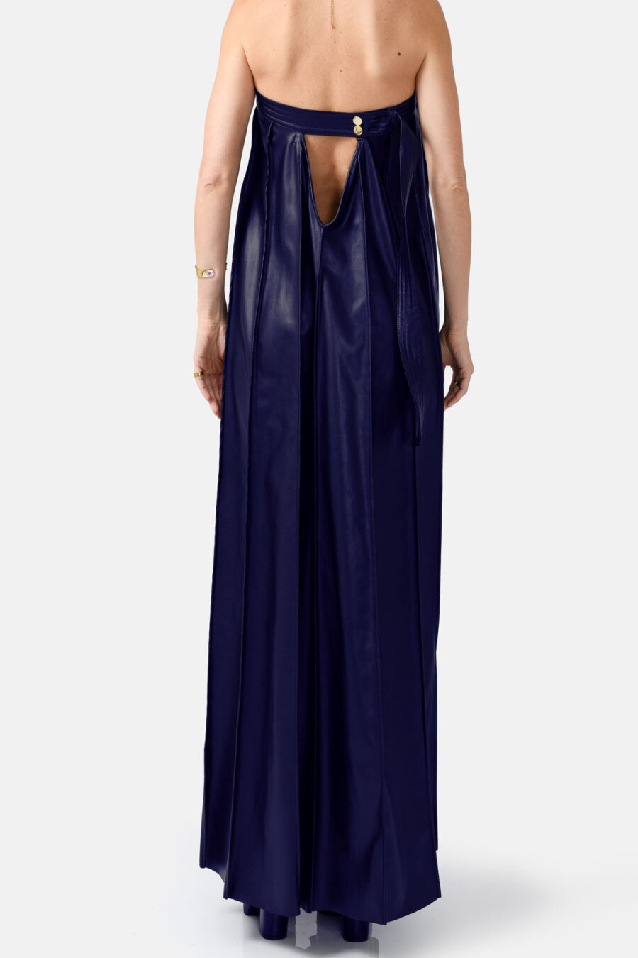 Navy Vegan Leather Pleated Maxi Dress Kargede Designer Dress Back Out - Desire – Navy Blue Strapless Pleated Maxi Dress, Vegan Leather