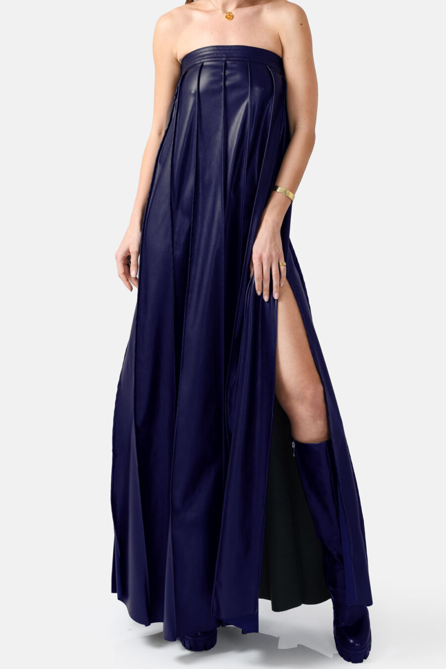 Navy Vegan Leather Pleated Maxi Dress Kargede Designer Dress Front - Desire – Navy Blue Strapless Pleated Maxi Dress, Vegan Leather