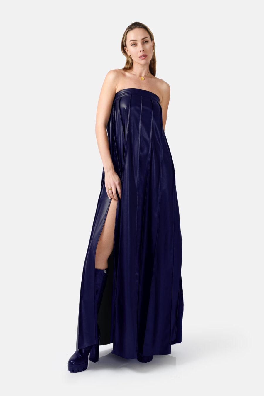 Navy Vegan Leather Pleated Maxi Dress Kargede Designer Dress Front - Desire – Navy Blue Strapless Pleated Maxi Dress, Vegan Leather