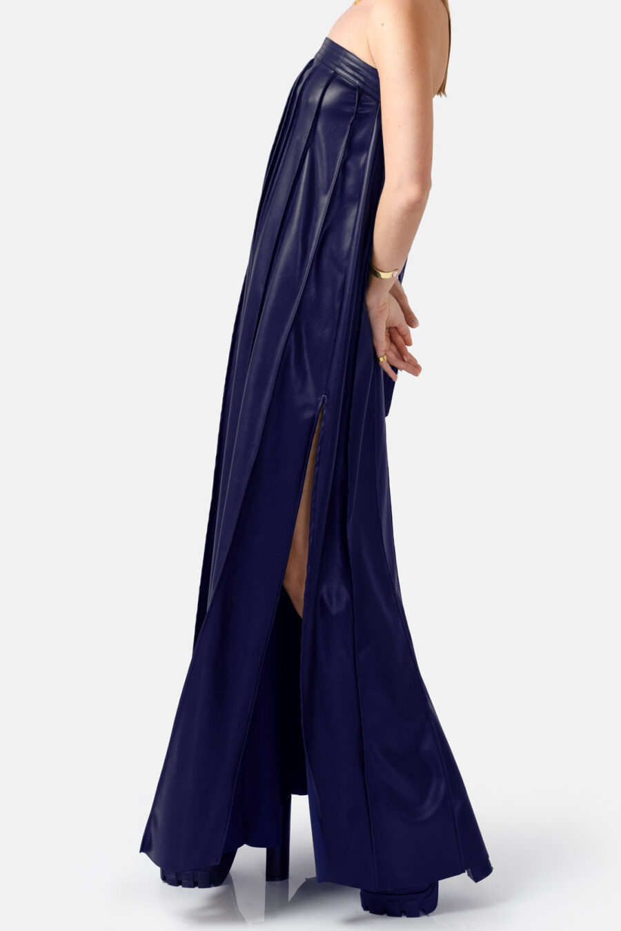 Navy Vegan Leather Pleated Maxi Dress Kargede Designer Dress Side - Desire – Navy Blue Strapless Pleated Maxi Dress, Vegan Leather