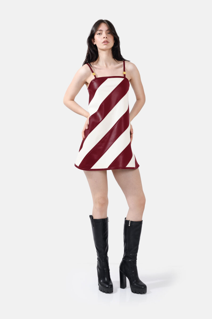 Burgundy White Vegan Leather Strap Mini Dress Kargede Designer Dress Front Avila - Tempest – Striped White & Burgundy Vegan Leather Mini Dress