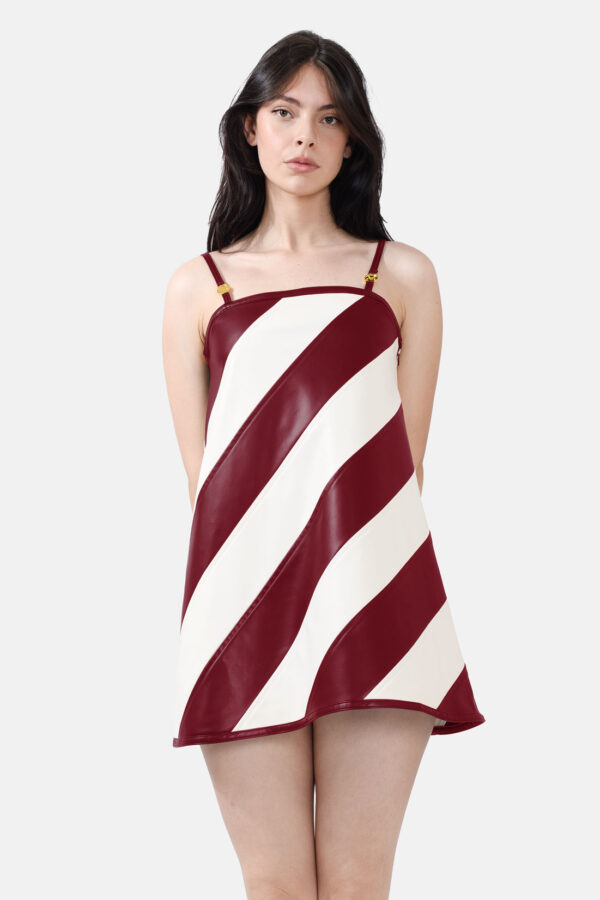 Burgundy White Vegan Leather Strap Mini Dress Kargede Designer Dress Front Avila - Tempest – Striped White & Burgundy Vegan Leather Mini Dress