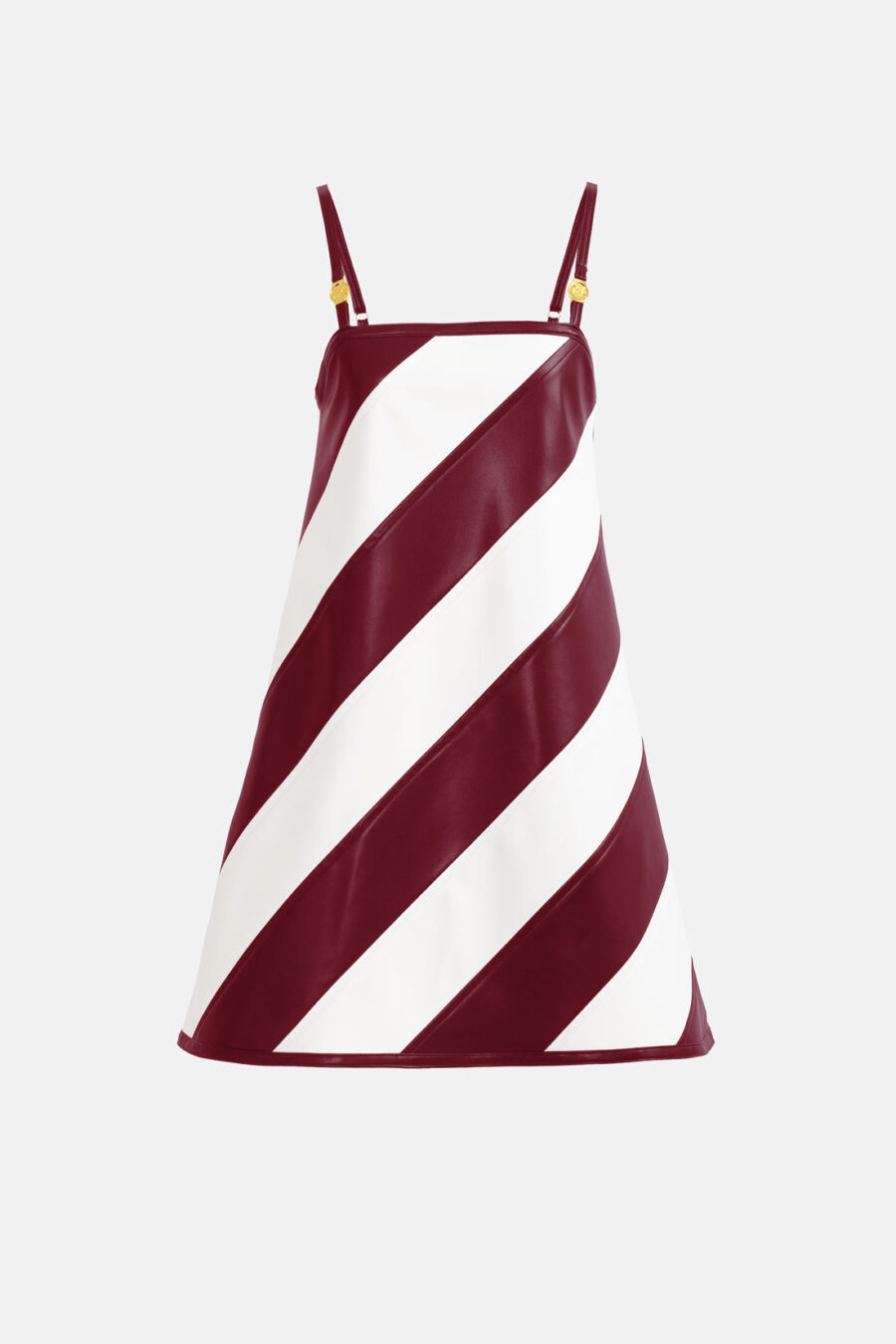 Burgundy White Vegan Leather Strap Mini Dress Kargede Designer Dress GM - Tempest – Striped White & Burgundy Vegan Leather Mini Dress