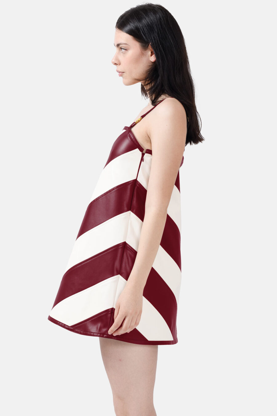 Burgundy White Vegan Leather Strap Mini Dress Kargede Designer Dress Side Avila - Tempest – Striped White & Burgundy Vegan Leather Mini Dress