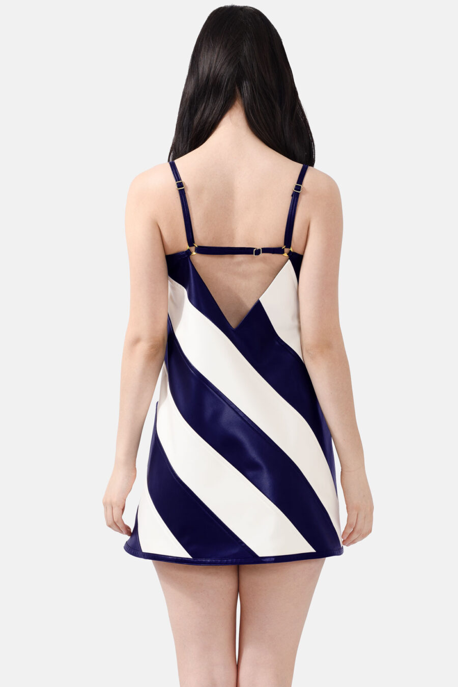 Navy White Vegan Leather Strap Mini Dress Kargede Designer Dress Back Avila - Tempest – Striped White & Navy Vegan Leather Mini Dress