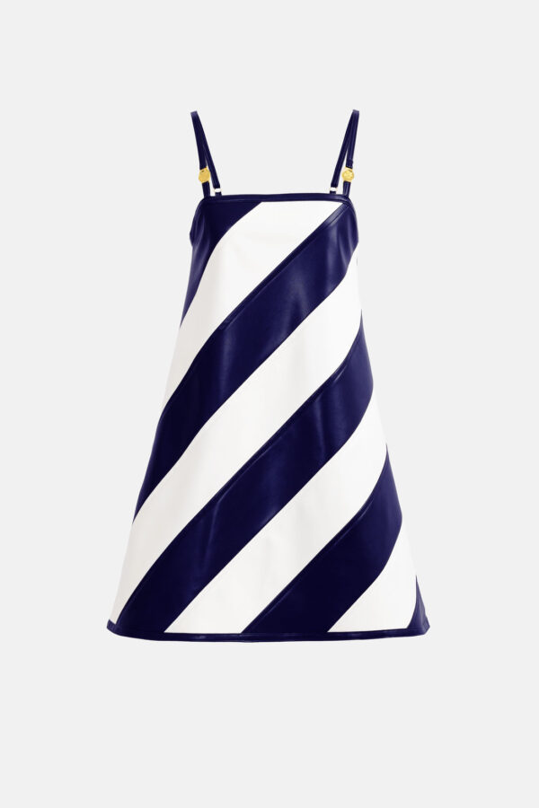 Navy White Vegan Leather Strap Mini Dress Kargede Designer Dress GM - Tempest – Striped White & Navy Vegan Leather Mini Dress