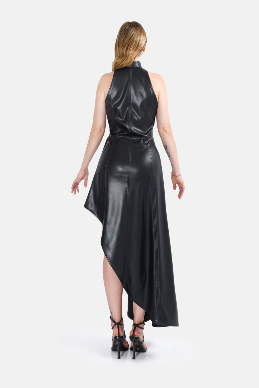 Black Vegan Leather Maxi Dress Asymmetrical Hem Kargede Designer Leather Dress Back - Nyx – Black Leather Maxi Dress