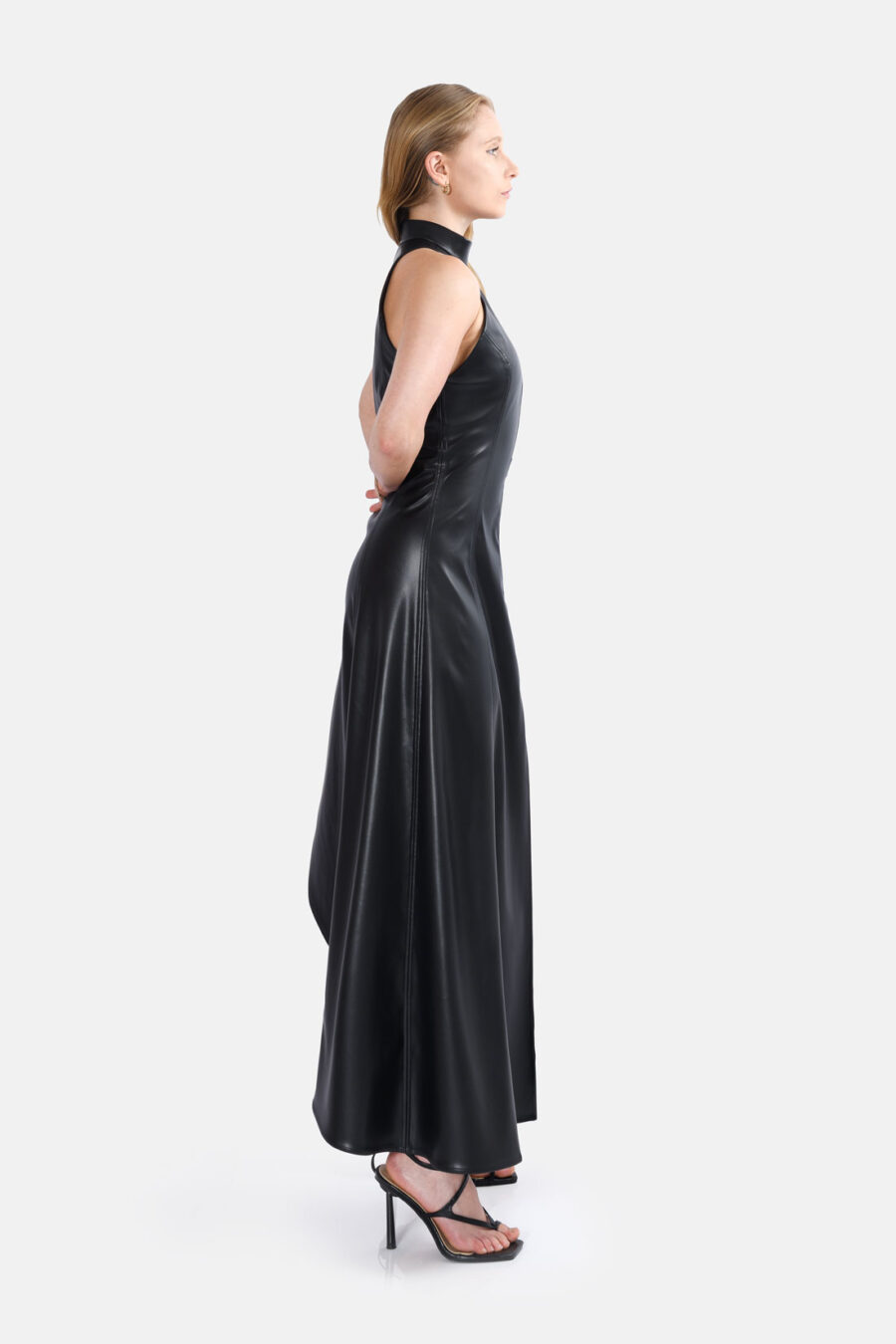 Black Vegan Leather Maxi Dress Asymmetrical Hem Kargede Designer Leather Dress Side - Nyx – Black Leather Maxi Dress