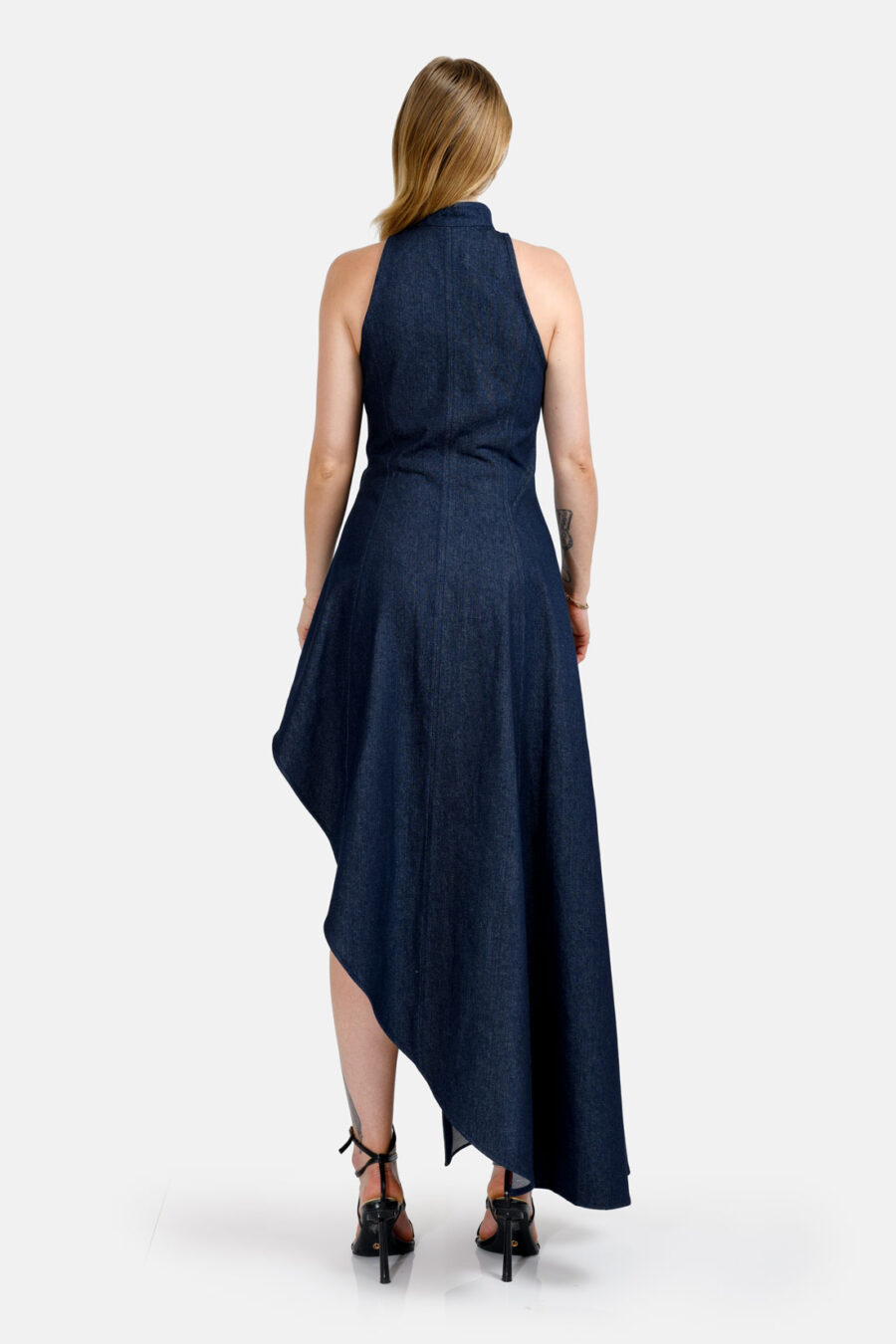 Blue Denim Maxi Dress Assymetrical Hem Designer Denim Dress Kargede Back - Abyss – Denim Maxi Dress