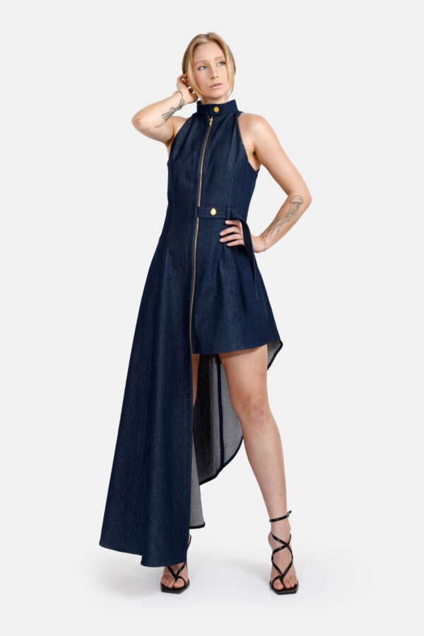 Blue Denim Maxi Dress Assymetrical Hem Designer Denim Dress Kargede Front - Abyss – Denim Maxi Dress