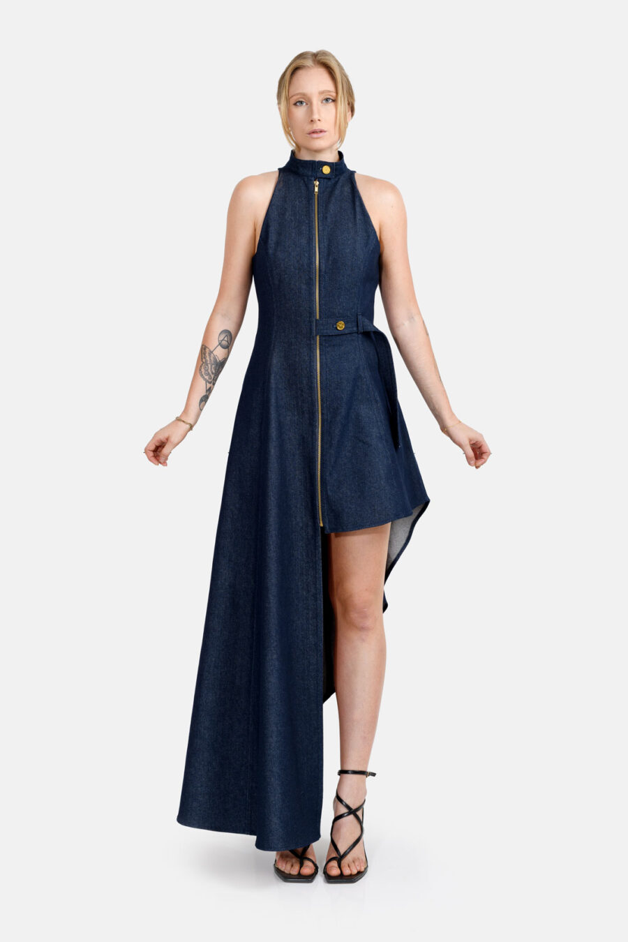 Blue Denim Maxi Dress Assymetrical Hem Designer Denim Dress Kargede Front - Abyss – Denim Maxi Dress