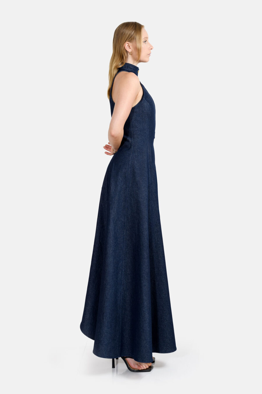 Blue Denim Maxi Dress Assymetrical Hem Designer Denim Dress Kargede Side - Abyss – Denim Maxi Dress