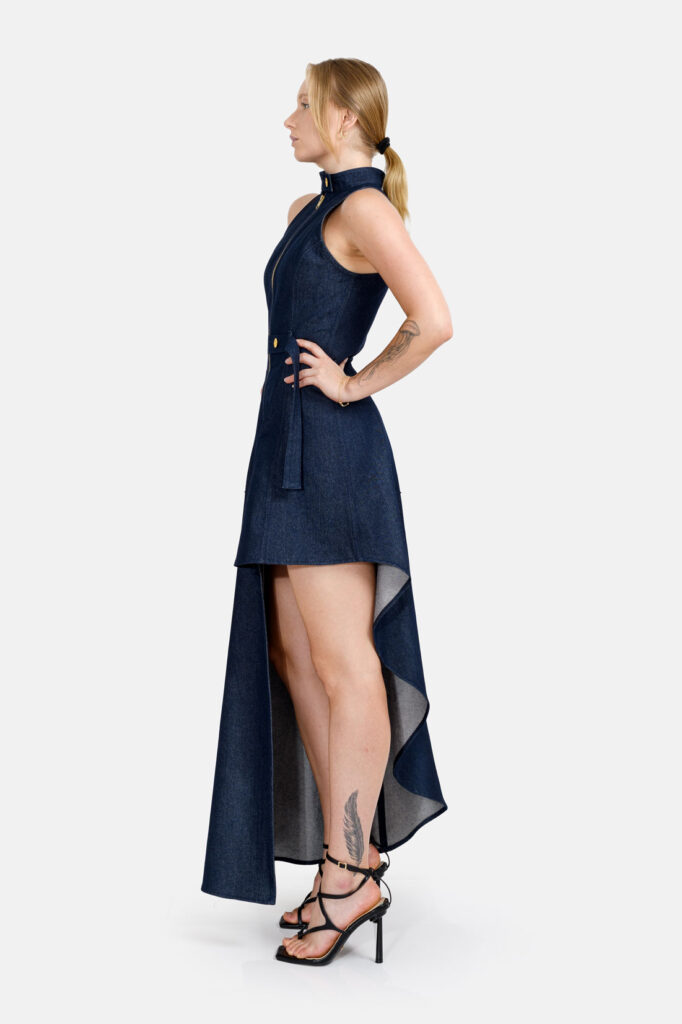 Blue Denim Maxi Dress Assymetrical Hem Designer Denim Dress Kargede Side