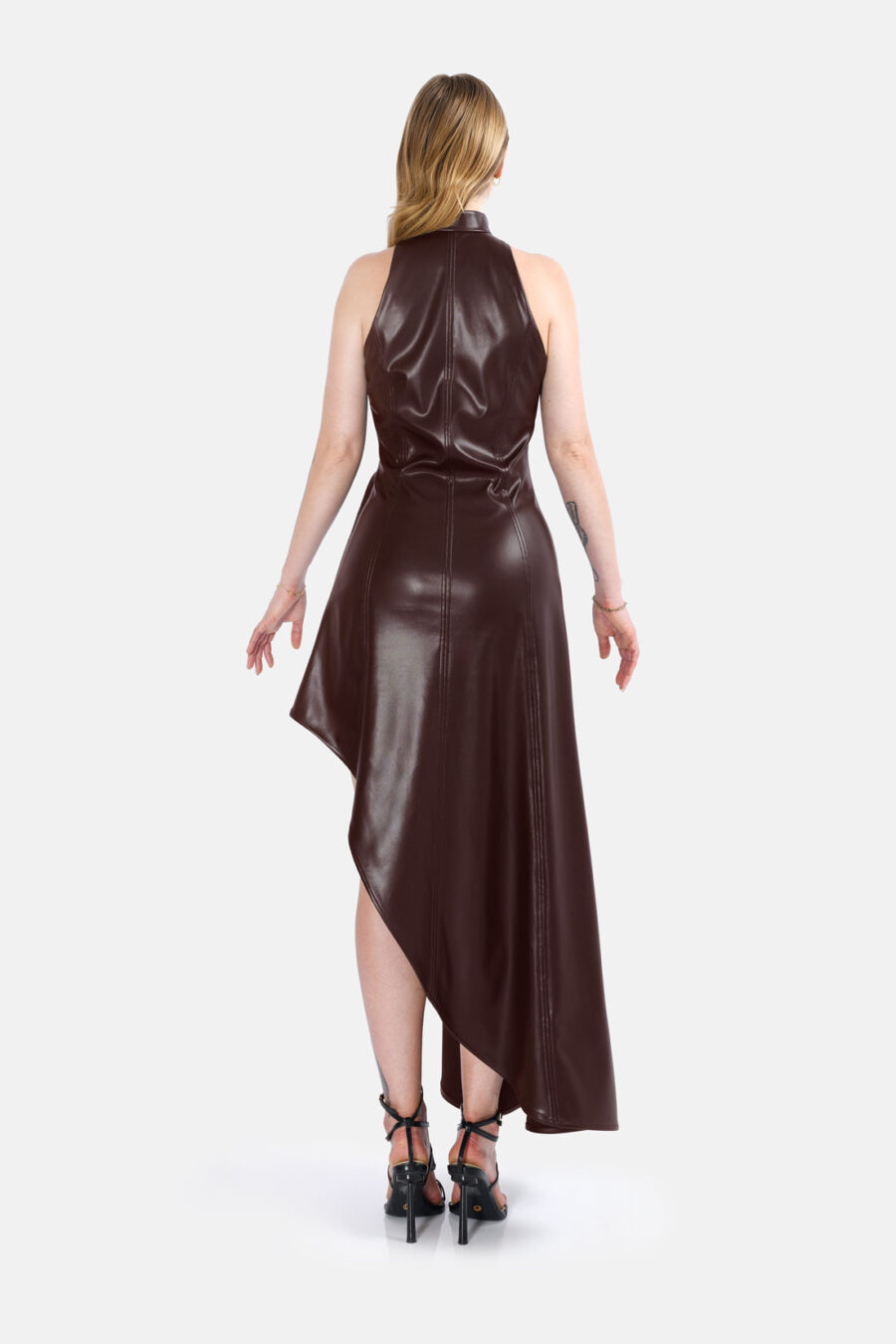 Brown Vegan Leather Maxi Dress Asymmetrical Hem Kargede Designer Leather Dress Back - Nyx – Brown Leather Maxi Dress