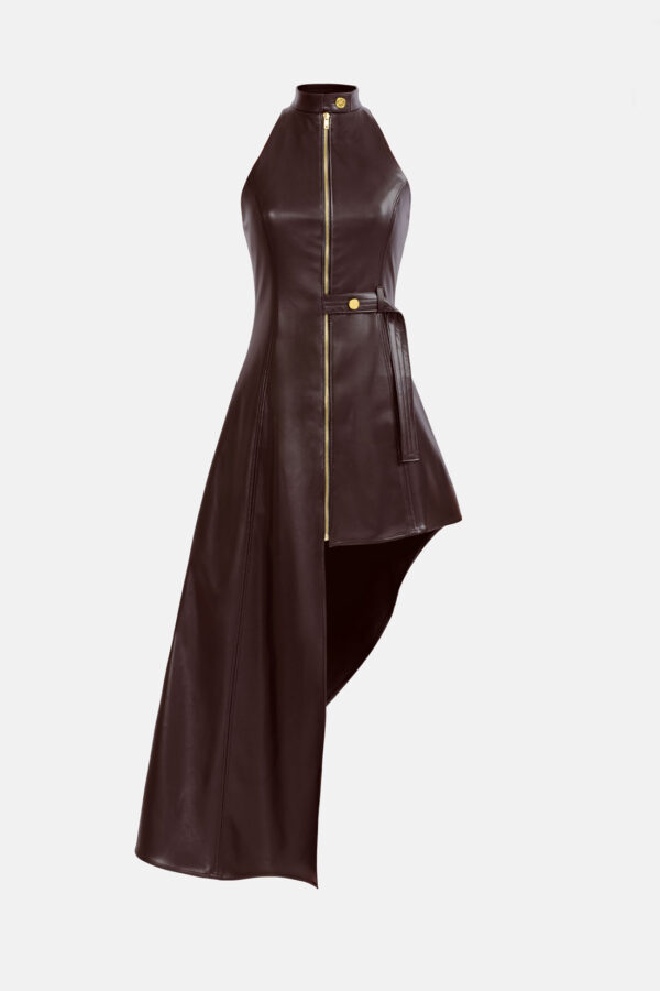 Brown Vegan Leather Maxi Dress Asymmetrical Hem Kargede Designer Leather Dress GM - Nyx – Brown Leather Maxi Dress