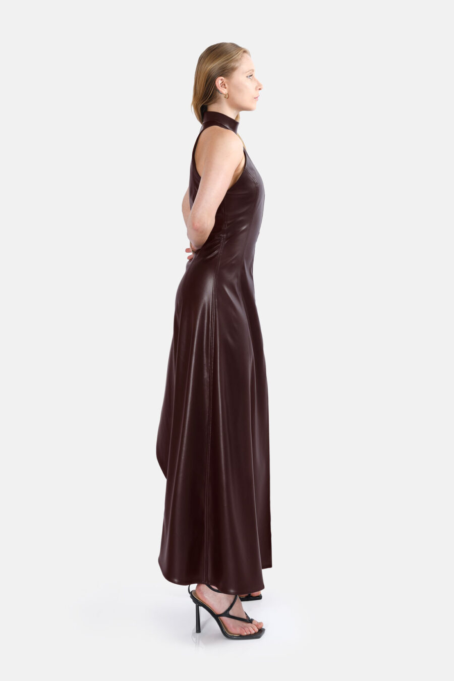 Brown Vegan Leather Maxi Dress Asymmetrical Hem Kargede Designer Leather Dress Side - Nyx – Brown Leather Maxi Dress