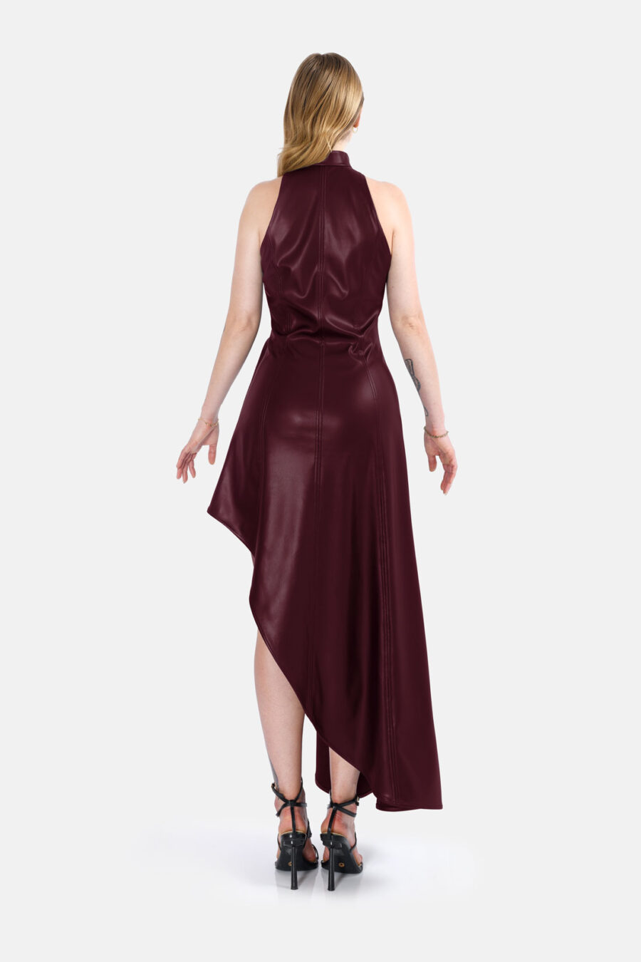 Burgundy Vegan Leather Maxi Dress Asymmetrical Hem Kargede Designer Leather Dress Back - Nyx – Burgundy Leather Maxi Dress