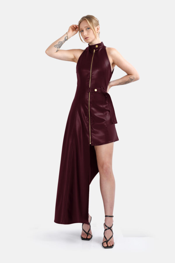 Burgundy Vegan Leather Maxi Dress Asymmetrical Hem Kargede Designer Leather Dress Front - Nyx – Burgundy Leather Maxi Dress