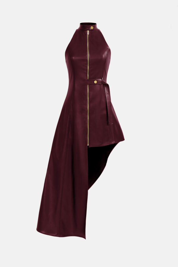 Burgundy Vegan Leather Maxi Dress Asymmetrical Hem Kargede Designer Leather Dress GM - Nyx – Burgundy Leather Maxi Dress